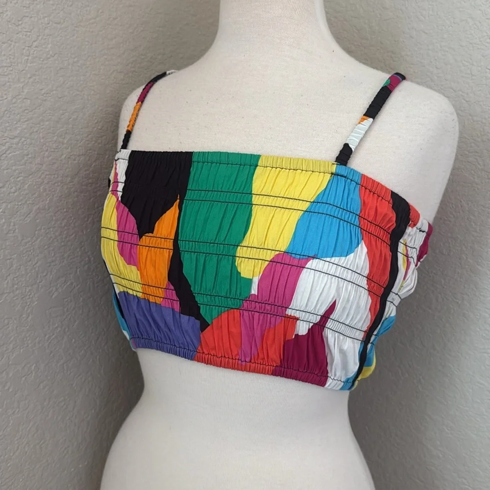 a new day Colorful Abstract Print smocked Crop Top - Picture 4 of 6